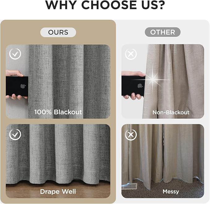 Joydeco Pinch Pleated Curtains - 100% Blackout for Bedroom, Light Grey Linen Curtains 40" W x 108" L, Thermal Insulated 2 Panels Light Blocking Drapes, Back Tabs for Living Room