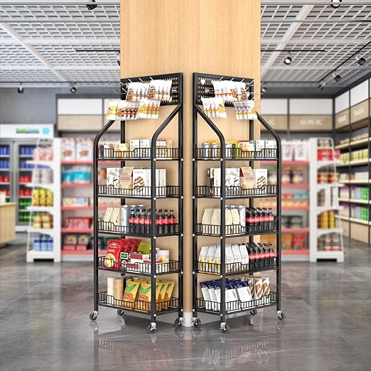 5 Tier Snack Rack Display Stand, Metal Retail Display Rack with Wheels and 15 Hooks, Snack Cart Organizer for Supermarkets Convenience Stores Home Kitchens