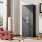 Cozy Castle Kitchen Pantry Cabinet, 71" Tall Wood Storage Cabinet with Doors and Shelves 4 Doors Freestanding Cupboard for Dining Room Living Room Bathroom Furniture, Black