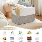 Shelf Woven Storage Basket, 15 x 10 x 9” Closet Rope Baskets For Organizing, Square Bins with Handles, White+Dark brown