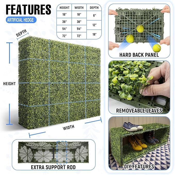 E&K 108" Wx36 Hx12 D Artificial Boxwood Hedge Wall, Artificial Outdoor Privacy Wall for Balcony Backyard Office, Indoor Divider Freestanding Greenery Backdrop