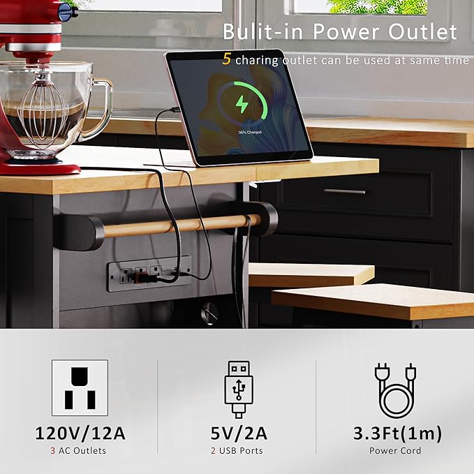 Rolling Kitchen Island with 2 Bar Stools, Drop Leaf & Power Outlet, Large Kitchen Islands Cart on Wheels, Movable Kitchen Island with 5 Open Shelves & Towel Rack for Kitchen, Dining Room, 53″, Black