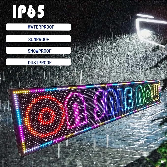 HS ProgrammableLed Sign , Outdoor Digital Scrolling Open Neon Signs, Electronic Message Display Screen Banner Board Large Waterproof for Business Store Advertising Window Public , Full Color High Brightness P10 77’’x14’’, WIFI control Custom Text