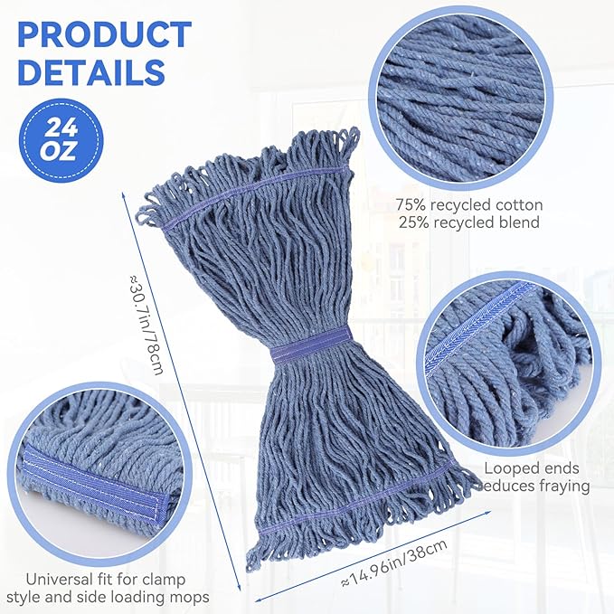 Commercial Heavy Duty Mop Heads Replacement for Rubbermaid: 6 Packs 24oz Industrial Wet Mop Head for Floor Cleaning - Commercial Products Looped End String Head Refills