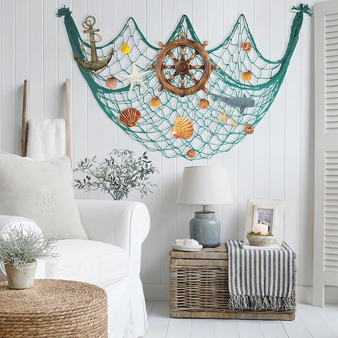 80x40 Inch Decorative Fishing Net w/Shells & Clips, 3mm Thickness Aqua Natural Cotton Large Photo Hanging Fishnet, Wall Party Decorations for Nautical Pirate Hawaii Underwater Mermaid Themed Party