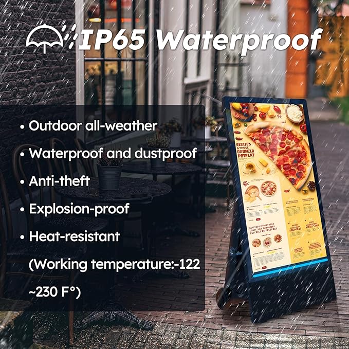 43 inch Rechargeable Portable Outdoor Digital Signage Displays, 2K FHD, IP65 Waterproof, Smart LCD Split Screen, Brightness Auto-Adjustment Movable Advertising Kiosk with Android OS