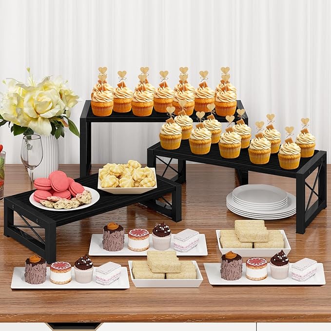 ELITEROO Black 3-Tier Wooden Cupcake and Dessert Display Stand, Multi-Tier Riser for Cupcakes, Food, Perfume, Makeup, Dolls, Collectibles, and Market Vendor Retail Shelf Organizer