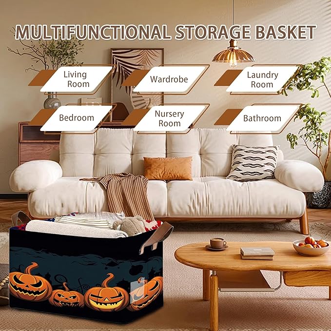 Halloween Pumpkin Storage Basket Large 17x11.5x10.5 Inche-Collapsible Fabric Organizer Bin with Handles for Fall Decor, Party Supplies, Nursery-Decorative Hamper with Jack-O-Lantern -Single Pack