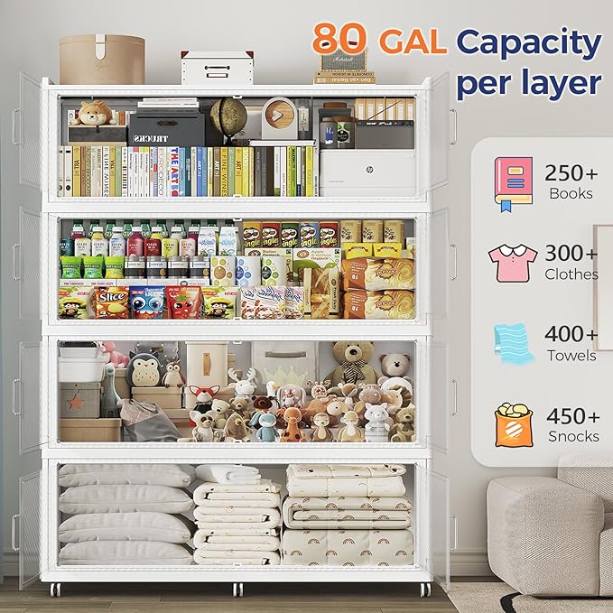 320 Gallon Extra Large Collapsible Storage Bin with Lid, 960QT Stackable Plastic Organizer with 6x Wheels, Foldable Drawer Cabinet for Closet, Living Room Office, Kitchen 4Pack, White