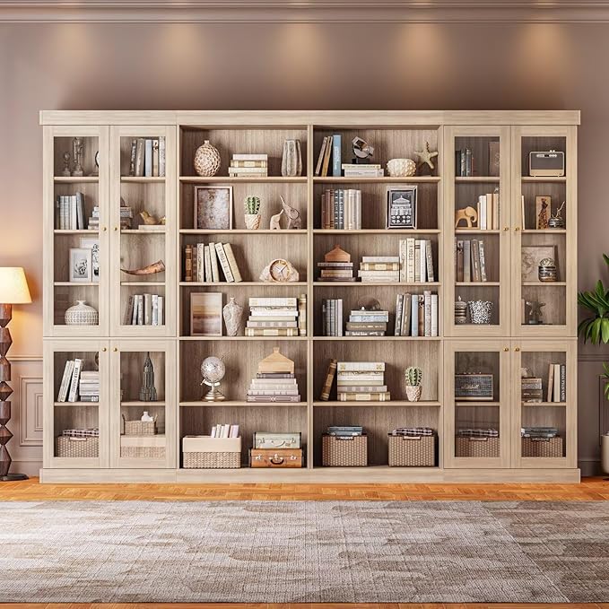 Vyre 70.8" Tall Farmhouse Bookshelf with Glass Doors, Modular Bookcase with 6-Tier Adjustable Shelves, Large Storage Cabinet for Kitchen, Living Room, Set of 4, Brown