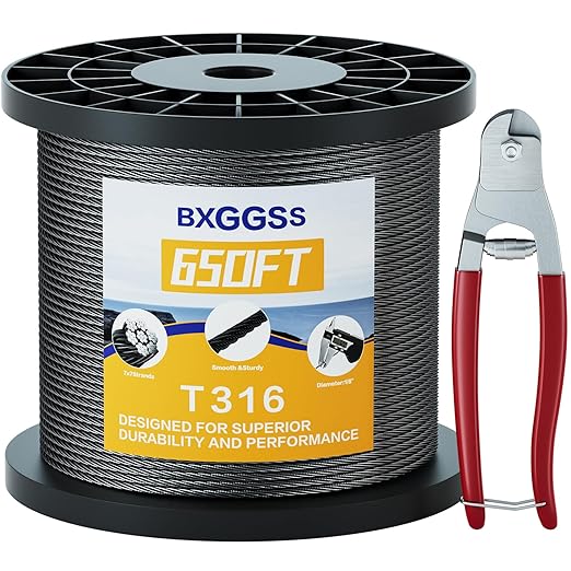 1/8 T316 Black Stainless Steel Cable – 650FT Heavy Duty Wire Rope for Cable Railing Kit and Hardware – Black Coated, Rustproof, Flexible for Outdoor and DIY Applications