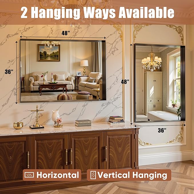 48"x36" Black Framed Bathroom Mirror, Large Rectangular Vanity Mirror, Aluminum Metal Frame, Wall Farmhouse Modern Wall-Mounted Mirrors for Bathroom, Bedroom, Living Room, Over Sink