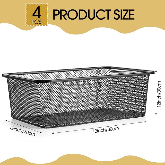4 Pcs Metal Wire Basket 16.5in Metal Mesh Basket Pantry Organizers Bin Containers for Home Organizing Cabinet Pantry Closet Kitchen Fridge Fruit Makeup Snacks Gifts(Black,Small)