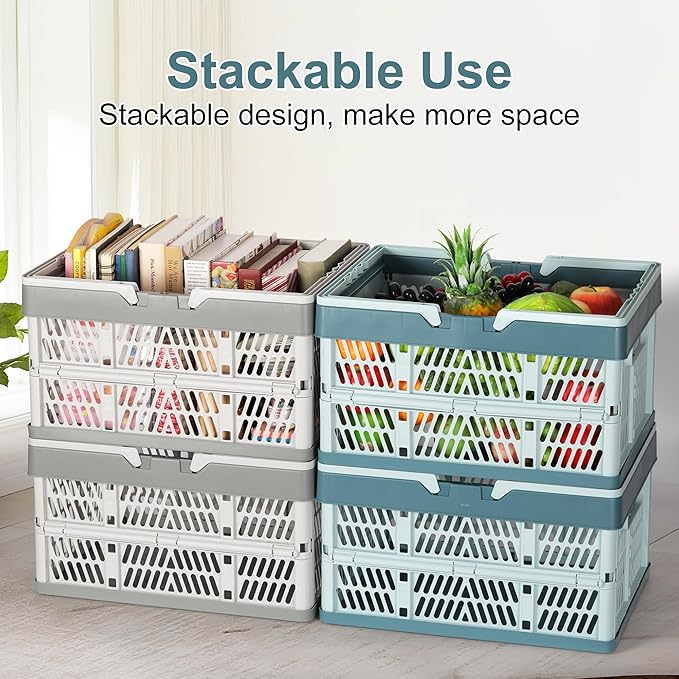Heavy Duty Plastic Milk Crates for Storage, 2-Pack Stackable Storage Bins for Organizing, Collapsible Shopping Basket with Handle for Groceries, Suitable for Home Office School Store, Blue