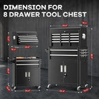 Bonusall 8 Drawer Rolling Tool Chest and Cabinet Combo,Heavy-Duty Metal Garage Tool Chest with Wheels and 2 Doors,2-in-1 Top Box and Roller Cabinet Combo for Garage, Workshop, Warehouse-Black