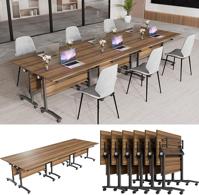 Conference Table, Modern Folding Meeting Tables with Flip Top, Mobile Podcast Table with Four Locking Wheels, Large Training Table for Meeting Room, Office, Classroom (6, A, 55.1in)