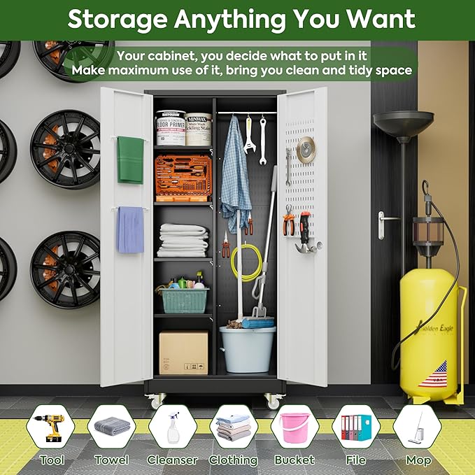 Broom Closet Storage Cabinet with Wheels and Pegboard,Metal Garage Storage Cabinet with Doors and Adjustable Shelves for Garage Home Office,Required Assembly,Black and White