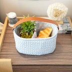 Blue Oval Double Compartment Pleated Fabric Basket - Quilted Fabric Storage Basket with PU Carrying Handle - Collapsible Organizer for Home, Picnic, Shopping, Traveling