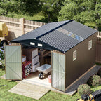 Breezz Outdoor Storage Shed 10 x 12ft. Utility Tool Shed Metal Storage Garden Shed with Lockable Doors, Windows & Metal Frame Floor for Patio Storage,Brown