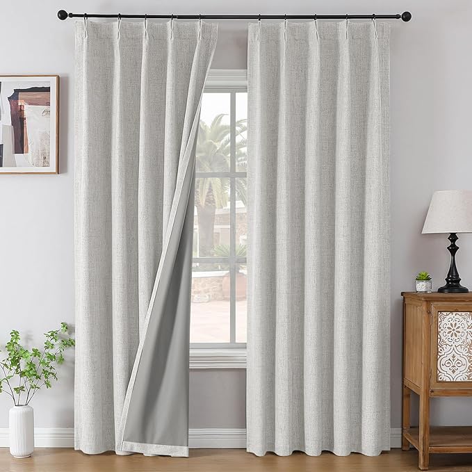 Joydeco Pinch Pleated Curtains - 100% Blackout for Bedroom, White Linen Curtains 40" W x 63" L, Thermal Insulated 2 Panels Light Blocking Drapes, Back Tabs for Living Room
