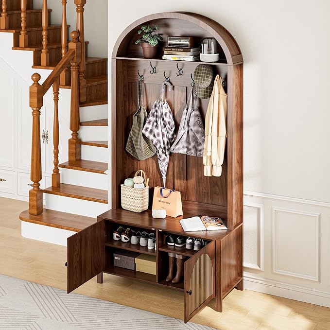 Hall Tree with Bench and Shoe Storage, 78.74" Entryway Storage Bench with 7 Hooks and 2 Adjustable Shelves,Arch Coat Rack Freestanding Retro Hall Tree Organizer for Hallway,Mud Room,Entryway (39.37"W)