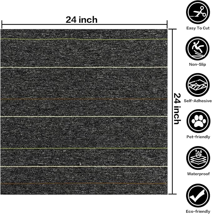 24 * 24in Self-Adhesive Carpet Tiles, Peel and Stick Floor Squares for Home Office, Removable Decorative Rug Mat, Easy Install, Sound Absorbing (20Pcs Dark Grey)