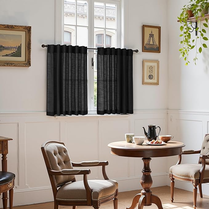 Nanspring Black Cafe Linen Curtains 24 Inch Length 2 Panels Privacy Semi Sheer Curtains for Small Window Kitchen Back Tab Rod Pocket Short Sheer Bathroom Curtain 36x24 Inches
