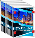 12 Pack Acrylic Sign Holder 8.5 x 11, Clear Plastic Wall Sign Holder with Adhesive Tape Wall Mount Display Stand Paper Holder for Menu, Office, Home, Store, Restaurant No Drilling Needed