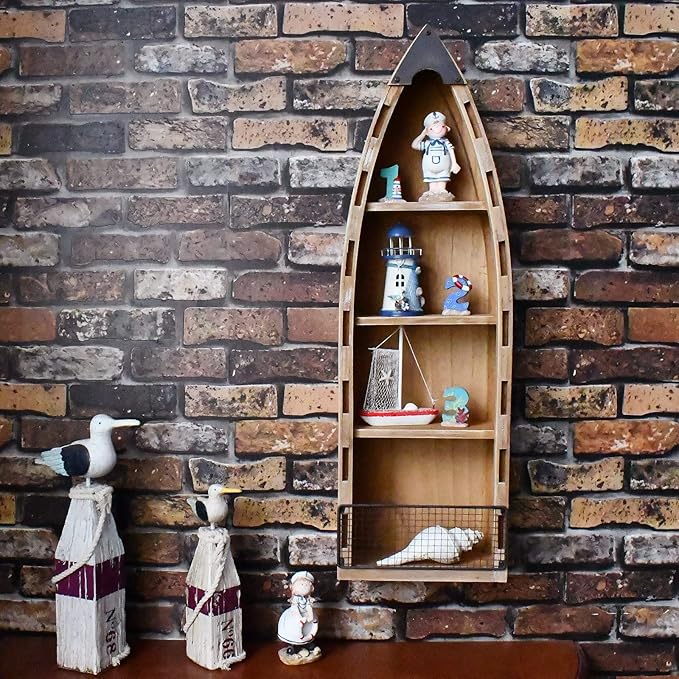 Aecipl Solid Wood Boat Shelf Decorative Nautical Wall Decor Beach Themed Bookcase Large Wooden 4-Tier Display Shelves for Home Kitchen Bedroom Living Room (31.5" H)