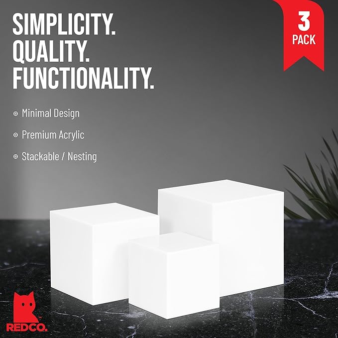 Red Co. Set of 3 Glossy White Acrylic Cube Display Nesting Riser Stands with Hollow Bottoms