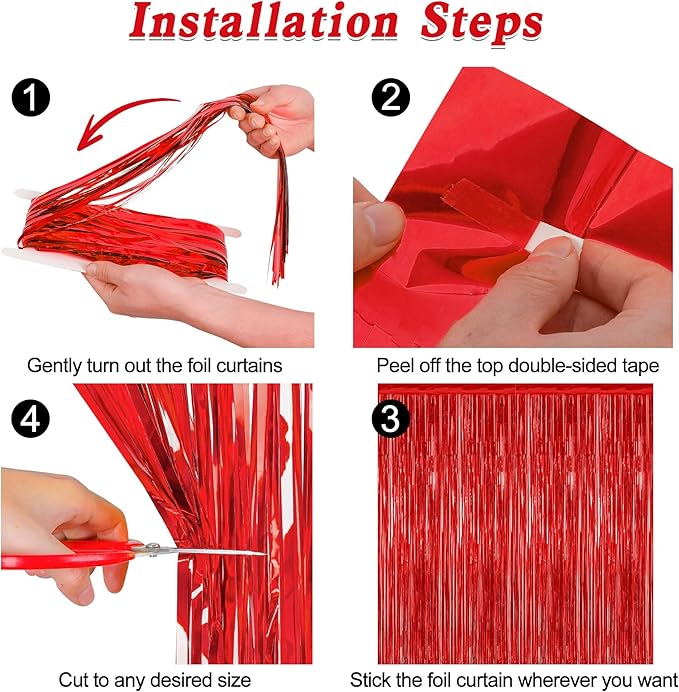 4 Pack Red Backdrop, 3.28 FT x 7.05 FT Party Streamer, Valentines Day Metallic Birthday Tinsel Backdrop Foil Fringe Curtains, Door Streamer for Red Party Decorations Casino Decor Photo Booth Props