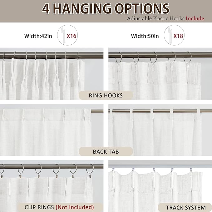 White Pinch Pleated Sheer Curtains 132 Inches Long, Textured Window Treatments Curtain for Bedroom/Living Room 42x132 Inch 2 Panels Back Tab Rod Pocket
