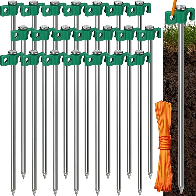 Tradesparker Tent Stakes 22-Pack 8Inch Heavy Duty Garden Stakes Canopy Anchors Double-Sided Hook Design - Includes Ropes for Camping Tents, Pop Up Canopies and Outdoor Events, Green