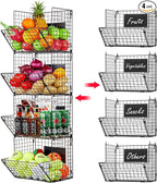 X-cosrack Metal Wire Basket Wall Mount, 4 Tier Extra Large Wall Storage Basket Organizer with Chalkboards, Kitchen Fruits and Vegetables Produce Bin Rack Toys Organizer Bathroom Tower Baskets (Black)