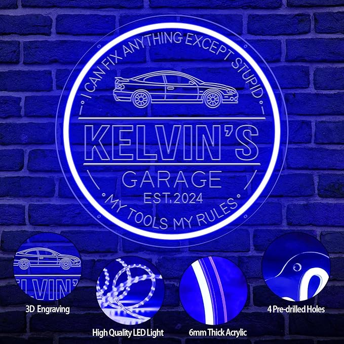 Custom Garage Neon Sign for Wall Decor, Dimmable Personalized Mechanic Garage Sign with Remote Control, Customized Name Light Up Sign for Auto Shop, Workshop, Man Cave, Gift for Men Dad