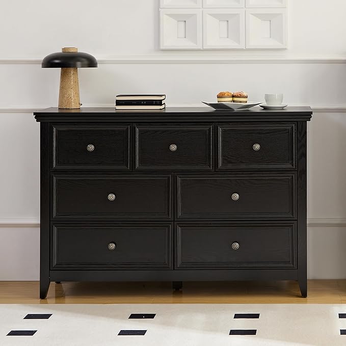 BLANKSPACE Black Dresser, Modern Dresser for Bedroom, 7 Chest Drawer Nightstand, Large Capacity Wood Cabinet for Bedroom, Living Room, Closets