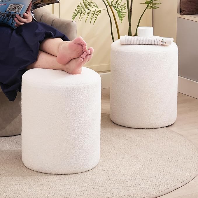 Modern Round Ottoman 2Pcs, Classic Foot Stool Ottoman, Teddy Fleece Upholstered Vanity Stool for Makeup, Bedroom, Living Room, White