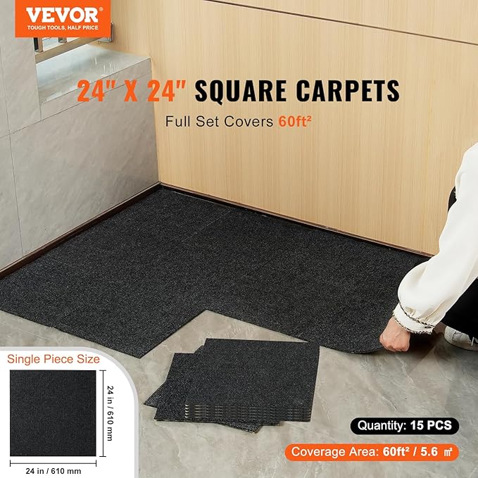 VEVOR 24 x 24 Peel and Stick Carpet Tiles Squares with Self Adhesive & Soft Padded for Indoor Outdoor Kitchen Living Room Bedrooms - Pack of 15/60 sq ft