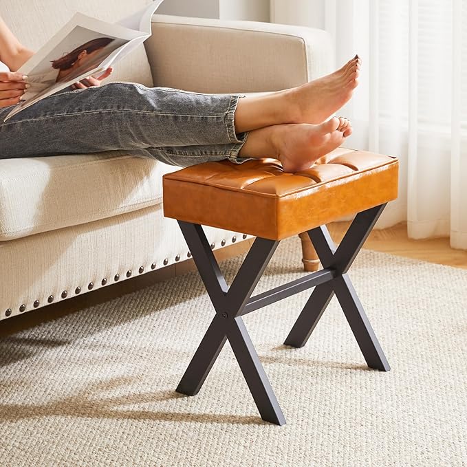 IBUYKE Square Makeup Stool with X-Leg Foot Rest, PU Footrest, Ottoman Seat, Multi-Use as Small Side Table, for Bedroom, Living Room, Light Brown LG-71J