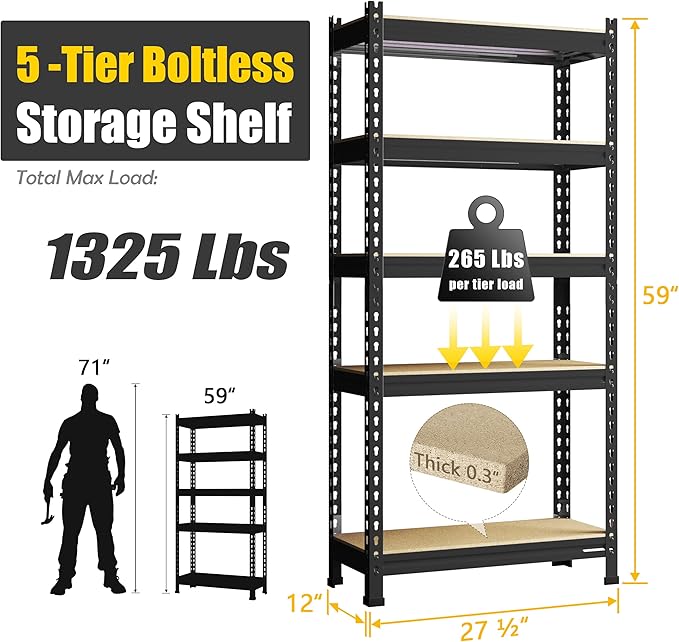 PrimeZone Storage Shelves 2 Pack 5 -Tier Heavy Duty Shelf, 1325 lbs /Pack Capacity Adjustable Metal Garage Storage Rack, Shelving Unit Rack 28" x 12" x 59" for Warehouse Pantry Closet Kitchen Black