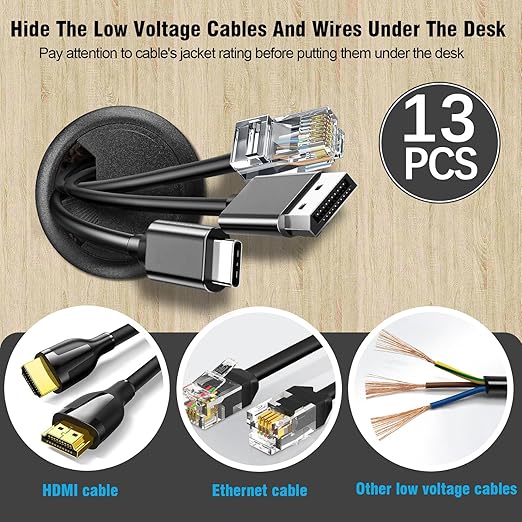 2-3/8" Spring Desk Grommet, JTemgle Plastic Cable Hole Cover with Hole Saw Computer Table Cord Wire Organizer Caps Desktop Cord Management for Home Office TV Stands Tabletops - Black, 13 Pcs