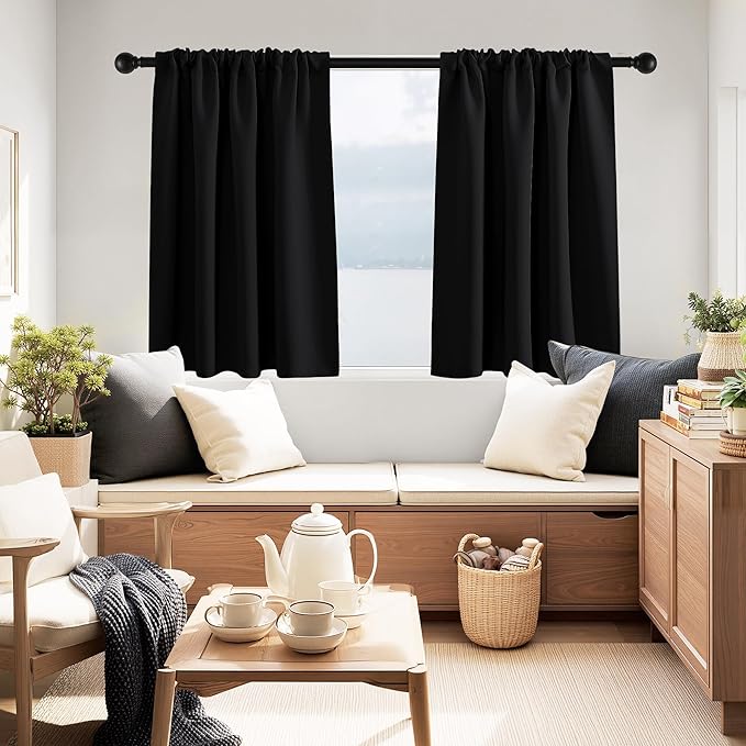 PONY DANCE Short Blackout Kitchen Curtains 36 inch Length, Half Window Cafe Panles, Black Out RV Bunk Drapes, Thermal Insulated Small Curtains for Basement&Camper, W42 x L36 inches, Black, 2 Panels