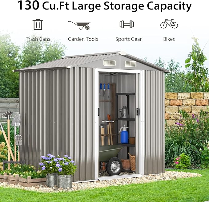 HAPPYGRILL 6 x 4 ft Outdoor Metal Storage Shed, Galvanized Steel Shed with Tilted Roof, Lockable Sliding Doors & 4 Air Vents, Utility Shed for Backyard Garden Patio Lawn