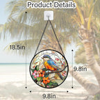 Stained Glass Window Hanging, Blue Bird Pink Flower Suncatcher Diamond Glass Panel Bird Sun Catchers Decor for Birthday for Women, Men, Wife, Aunt, and Mom 9.8 in