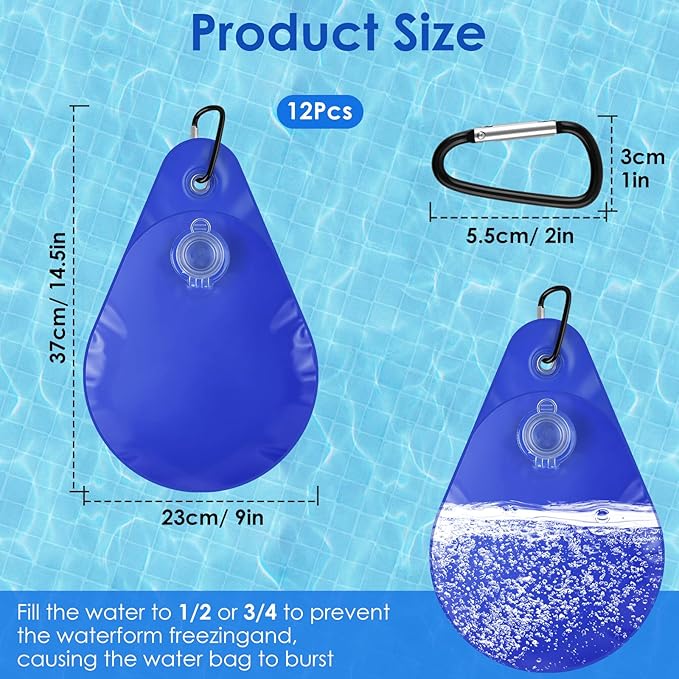 12 Pack Pool Cover Weights with Hooks, Thick PVC Leakproof Swimming Pool Cover Hanging Bags, Antifreezing Winter Tarp Weights Bag for Above Ground Pool Cover
