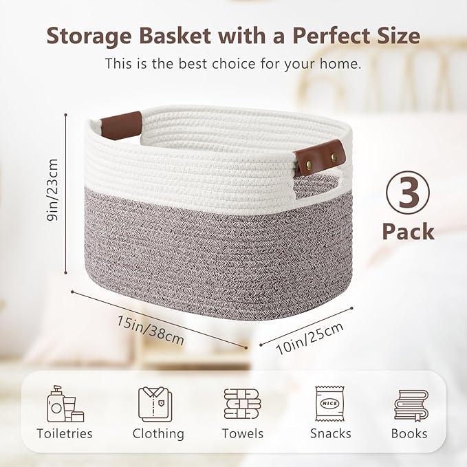 Cotton Rope Basket, Storage Baskets with Handle, 15x10x9 Inch Woven Basket for Shelves, Laundry, Towels, Clothes, Books (White Brown 3 Pack)
