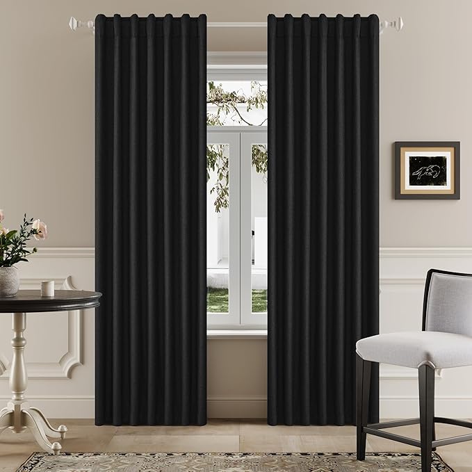 DUALIFE Full Blackout Black Curtains 63 Inch Long Linen Textured Curtains Thermal Insulated Heat Blocking Noise Reducing Vintage Drapes for Nursery Bedroom Rod Pocket&Back Tab 2 Panels 50W x 63L