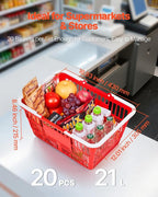 VEVOR Shopping Baskets, 20 PCS, 21L Stackable PE Plastic Grocery Baskets with Handles, Dense Mesh Structure, Holds up to 20 lbs, Portable for Grocery, Retail, Stores, Supermarket, Home Use, Red