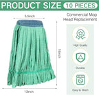 Lallisa 10 Pcs Commercial Mop Head Replacement Tube Microfiber Mop Heads for Floor Cleaning Industrial Mop Heads Looped End Wet Mop Head Refill for Home Commercial Industrial Use (Green,18 oz)