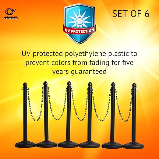 Montour Line Plastic Stanchion Black 2.5 Inch Diameter with 50 Foot Chain, 6-Pack, Crowd Control Barriers